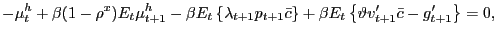 $\displaystyle -\mu^{h}_{t} + \beta(1-\rho^{x}) E_{t} \mu^{h}_{t+1} - \beta E_{t} \left\{ \lambda_{t+1} p_{t+1} \bar{c} \right\} + \beta E_{t} \left\{ \vartheta v^{\prime}_{t+1} \bar{c} - g^{\prime}_{t+1} \right\} = 0,$
