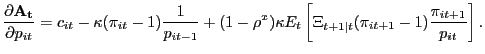 $\displaystyle \frac{\partial\mathbf{A_{t}}}{\partial p_{it}} = c_{it} - \kappa(\pi_{it} - 1)\frac{1}{p_{it-1}} + (1-\rho^{x}) \kappa E_{t} \left[ \Xi_{t+1\vert t} (\pi_{it+1}-1) \frac{\pi_{it+1}}{p_{it}} \right] .$