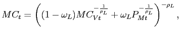 $\displaystyle MC_{t}=\left( (1-\omega_{L})MC_{Vt}^{-\frac{1}{\rho_{L}}}+\omega_{L} P_{Mt}^{-\frac{1}{\rho_{L}}}\right) ^{-\rho_{L}},$
