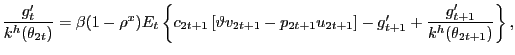 $\displaystyle \frac{g^{\prime}_{t}}{k^{h}(\theta_{2t})} = \beta(1-\rho^{x}) E_{t} \left\{ c_{2t+1} \left[ \vartheta v_{2t+1} - p_{2t+1} u_{2t+1} \right] - g^{\prime}_{t+1} + \frac{g^{\prime}_{t+1}}{k^{h} (\theta_{2t+1})} \right\} ,$