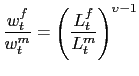 $\displaystyle \frac{w_{t}^{f}}{w_{t}^{m}}=\left( \frac{L_{t}^{f}}{L_{t}^{m}}\right) ^{\upsilon-1}$