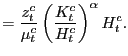 $\displaystyle =\frac{z_{t}^{c}}{\mu_{t}^{c}}\left( \frac{K_{t}^{c}}{H_{t}^{c} }\right) ^{\alpha}H_{t}^{c}.$