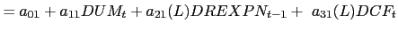 $\displaystyle =a_{01}+a_{11}DUM_{t}+a_{21}(L)DREXPN_{t-1}+\ a_{31} (L)DCF_{t}$