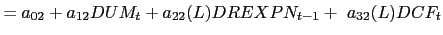 $\displaystyle =a_{02}+a_{12}DUM_{t}+a_{22}(L)DREXPN_{t-1}+\ a_{32} (L)DCF_{t}$