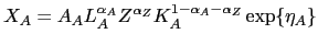 $\displaystyle X_{A}=A_{A}L_{A}^{\alpha_{A}}Z^{\alpha_{Z}}K_{A}^{1-\alpha_{A}-\alpha_{Z}} \exp\{\eta_{A}\}$
