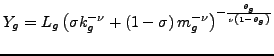 $ Y_{g}=L_{g}\left( \sigma k_{g}^{-\nu}+\left( 1-\sigma\right) m_{g}^{-\nu }\right) ^{-\frac{\theta_{g}}{\nu\left( 1-\theta_{g}\right) }}$