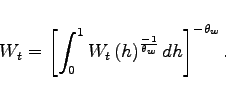 \begin{displaymath} W_{t}=\left[ \int_{0}^{1}W_{t}{}\left( h\right) ^{\frac{-1}{\theta _{w}}}dh \right] ^{-\theta _{w}}. \end{displaymath}