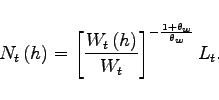\begin{displaymath} N_{t}\left( h\right) =\left[ \frac{W_{t}\left( h\right) }{W_{t}}\right] ^{- \frac{1+\theta _{w}}{\theta _{w}}}L_{t}. \end{displaymath}