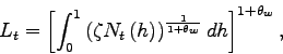 \begin{displaymath} L_{t}=\left[ \int_{0}^{1}\left( \zeta N_{t}\left( h\right) \right) ^{\frac{1 }{1+\theta _{w}}}dh\right] ^{1+\theta _{w}}, \end{displaymath}