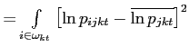 $\displaystyle = {\textstyle\int\limits_{i\in\omega_{kt}}} \left[ \ln p_{ijkt}-\overline{\ln p_{jkt}}\right] ^{2}$
