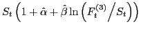 $ S_{t} \left(1+\hat{\alpha }+\hat{\beta }\ln \left({F_{t}^{(3)} \mathord{\left/ {\vphantom {F_{t}^{\eqref{GrindEQ__3_}} S_{t} }} \right. \kern-\nulldelimiterspace} S_{t} } \right)\right)$
