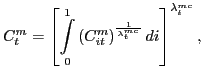 $\displaystyle C_{t}^{m}=\left[ \overset{1}{\underset{0}{\int}}\left( C_{it}^{m}\right) ^{\frac{1}{\lambda_{t}^{_{mc}}}}di\right] ^{\lambda_{t}^{_{mc}}},$