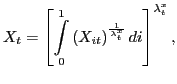 $\displaystyle X_{t}=\left[ \overset{1}{\underset{0}{\int}}\left( X_{it}\right) ^{\frac{1}{\lambda_{t}^{x}}}di\right] ^{\lambda_{t}^{x}},$