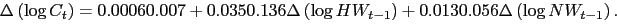 \begin{equation*} \Delta \left( \log C_{t}\right) =\underset{0.0006}{0.007}+\underset{0.035}{ 0.136}\Delta \left( \log HW_{t-1}\right) +\underset{0.013}{0.056}\Delta \left( \log NW_{t-1}\right) \text{.} \end{equation*}