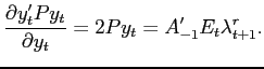 $\displaystyle \frac{\partial y_{t}^{\prime}Py_{t}}{\partial y_{t}}= 2Py_{t}=A_{-1}^{\prime}E_{t}\lambda_{t+1}^{r}.$
