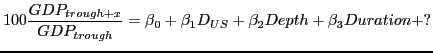 $\displaystyle 100\frac{GDP_{trough+x}}{GDP_{trough}}={\beta }_0+{\beta }_1D_{US}+{\beta }_2Depth+{\beta }_3Duration+?$