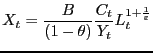 $\displaystyle X_{t}=\frac{B}{(1-\theta)}\frac{C_{t}}{Y_{t}}L_{t}^{1+\frac{1}{\varepsilon} }$