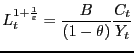 $\displaystyle L_{t}^{1+\frac{1}{\varepsilon}}=\frac{B}{(1-\theta)}\frac{C_{t}}{Y_{t}}$