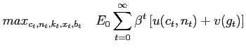 $\displaystyle max_{c_{t},n_{t},k_{t},x_{t},b_t} \quad E_{0}\sum_{t=0}^\infty\beta^{t}\left[u(c_t,n_t)+v(g_t)\right]$