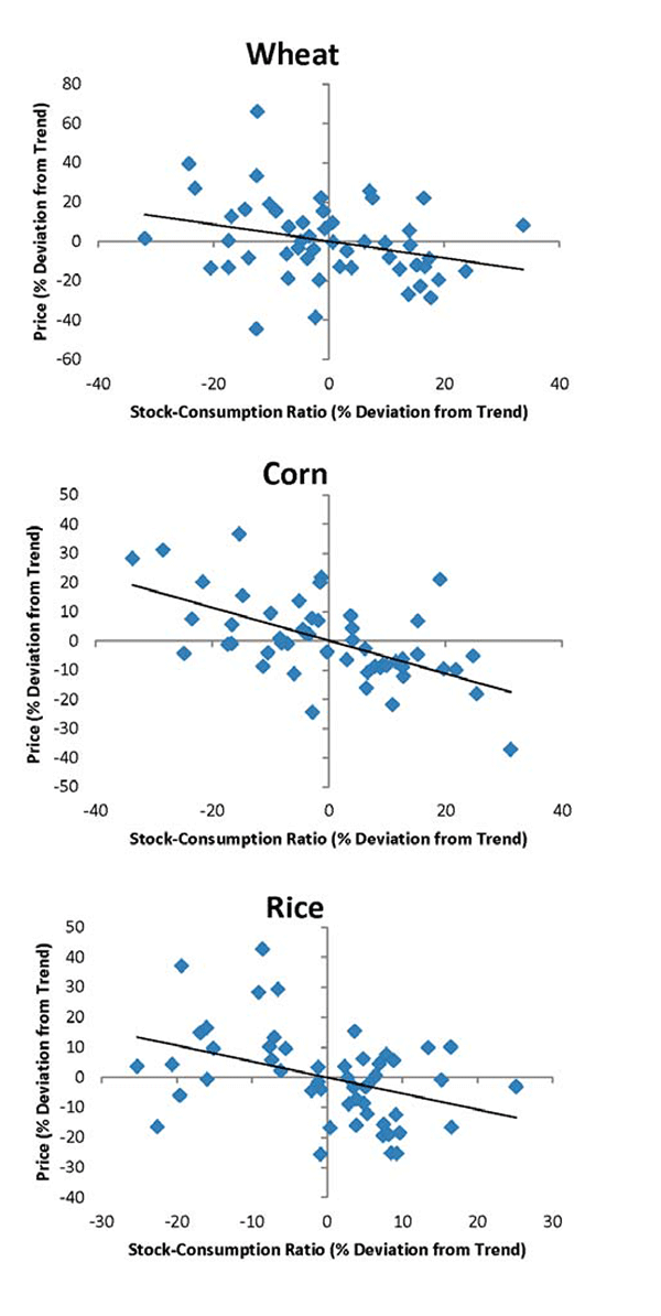 Figure 9: The figure is a scatter plot of real commodity prices and the stock-to-consumption ratio (HP filtered and expressed at percentage deviation from trend) for wheat (top panel), corn (middle panel), and rice (bottom panel).  There is a clear negative relationship between price and the level of stocks.