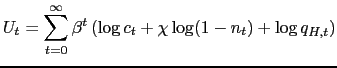 $\displaystyle U_{t}=\sum_{t=0}^{\infty}\beta^{t}\left( \log c_{t}+\chi\log(1-n_{t})+\log q_{H,t}\right)$