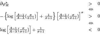 \begin{displaymath} \begin{array}[c]{lll} \partial\varphi_{R}^{\ast} & > & 0\ & \Leftrightarrow & \ -\left\{ \log\left[ \frac{A-1}{A-\lambda}(\frac{\sigma}{\sigma+1})\right] +\left. \frac{1}{\sigma+1}\right\} \left[ \frac{A-1}{A-\lambda} (\frac{\sigma}{\sigma+1})\right] ^{\sigma}\right. & > & 0\ & \Leftrightarrow & \ \log\left[ \frac{A-1}{A-\lambda}(\frac{\sigma}{\sigma+1})\right] +\frac {1}{\sigma+1} & < & 0 \end{array}\end{displaymath}