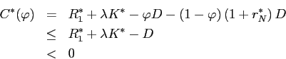 \begin{eqnarray*} C^{*}(\varphi) & = & R_{1}^{*}+\lambda K^{*}-\varphi D-\left(1-\varphi\right)\left(1+r_{N}^{*}\right)D\ & \le & R_{1}^{*}+\lambda K^{*}-D\ & < & 0 \end{eqnarray*}