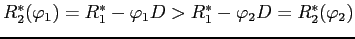 $R_{2}^{*}(\varphi_{1})=R_{1}^{*}-\varphi_{1}D>R_{1}^{*}-\varphi_{2}D=R_{2}^{*}(\varphi_{2})$