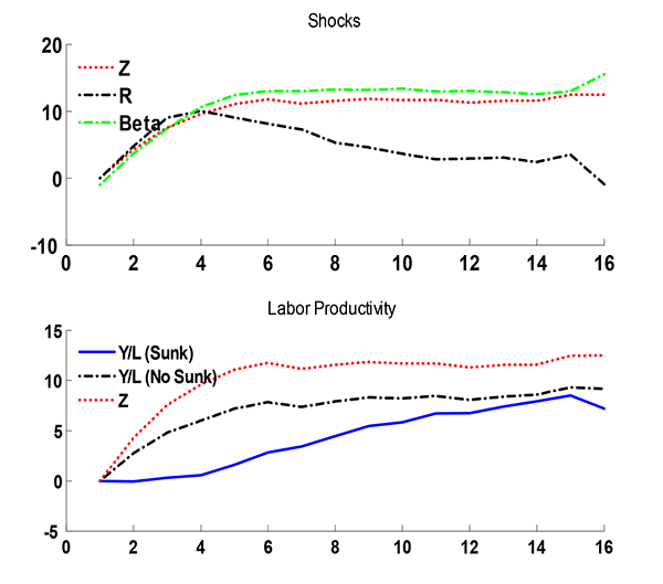 Figure 8:Figure 8 is called Productivity, Interest Rates, Discount factor, Labor Productivityand consists of two panels, one on top of the other. The top panel is titled Shocks,the x-axis is unlabeled and ranges from 0 to 16, and the y-axis is unlabeled and ranges from -10 to 20. There are 3 series plotted. The first series, Z,starts at (1,0) and increases steadily till (6,11). From here, the series is just about constant for the remainder of the period. The second series, R,also starts at (1,0) and increases till (4,10). The series then decreases till it ends at (16,-4). The third series, Beta,starts at (1,0) and increases very slowly till it ends at (16,13). The bottom panel is titled Labor Productivity,the x-axis is as in the previous panel, and the y-axis is unlabeled and ranges from -5 to 15. There are 3 series plotted. The first series, Y/L (Sunk),starts at (1,0) and increases steadily till its peak at (15,7). The series then dips down to end at (16,6). The second series, Y/L (No Sunk),also starts at (1,0) and increases slowly till it ends at (16,7). The third series, Z,also starts at (1,0) and increases slowly and sometimes flatly til it ends at (16,12).