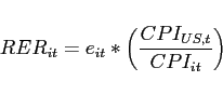 \begin{displaymath} RER_{it}=e_{it}\ast \left( \frac{CPI_{US,t}}{CPI_{it}}\right) \end{displaymath}