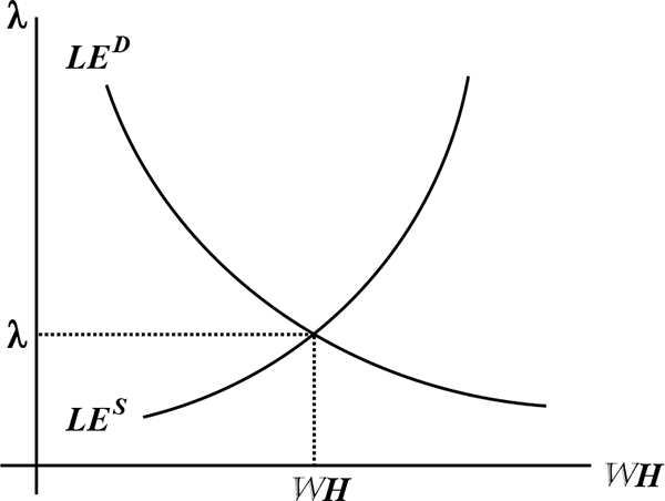 Figure 8: Figure 8 consists of a single graph.

The horizontal axis is labeled WH for labor earnings.  A point WH exists on the horizontal axis with a dotted line extending vertically to the intersection of LE^D and LE^S, the labor-earnings demand and supply functions, respectively.  The labor-earnings supply function, LE^S, is represented by an upward sloping solid line that is concave towards the vertical axis.  The labor-earnings demand function, LE^D, is represented by a downward sloping solid line that is concave away from the origin.  

The vertical axis is labeled λ for the marginal value of wealth. A point λ exists on the vertical axis with a dotted line extending horizontally to the intersection of LE^D and LE^S.  The labor-earnings supply and demand functions intersect at the point (WH, λ).