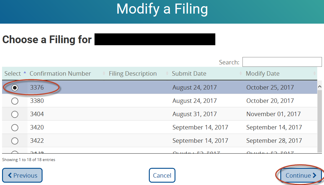 Image of choosing a filing on the 'Modify a Filing' page